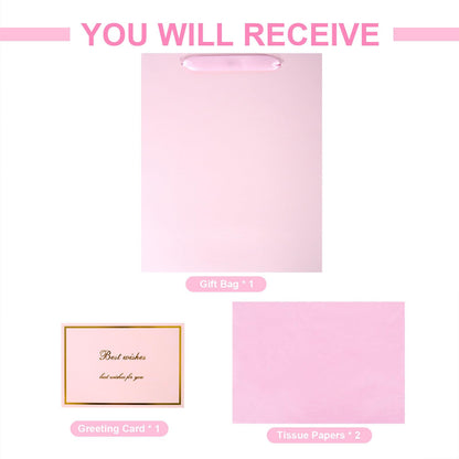 Elegant Pink Gift Bag 10.2"x4.7"x12.2" with Ribbon Handles, Includes Card and Tissue Papers, Perfect for Birthdays, Weddings, Parties, Holidays, Baby Shower