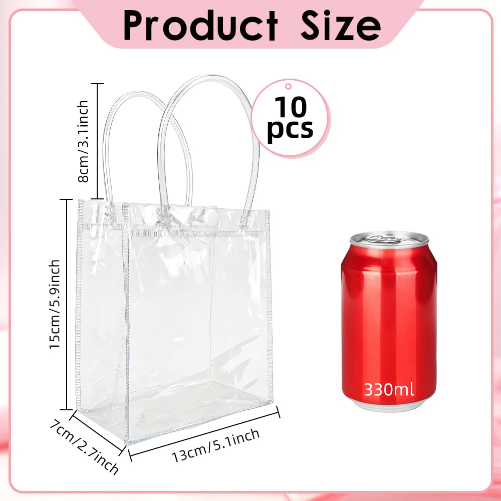 10 PCS Clear Gift Bags with Handles(2.7x5.1x5.9 Inch) Reusable Transparent PVC Tote Goodie Bags Bulk Wedding Brthday Holiday Party Favors Supplies Wrap Basket Stuffers Goody Pouch Baggies for Presents