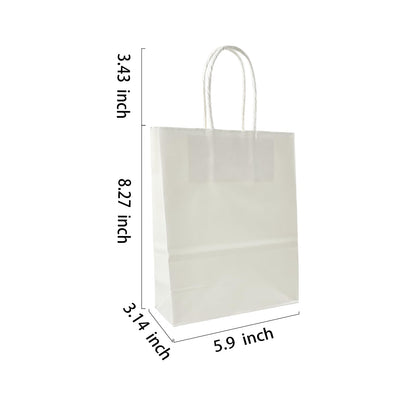 BAG BOX 100 Pack 5.9x3.1x8.25 Inch White Gift Bags with Handles,Bulk Kraft Paper Bags for Shopping, Retail, Merchandise, Wedding, Party Favors, Paper Grocery Sacks