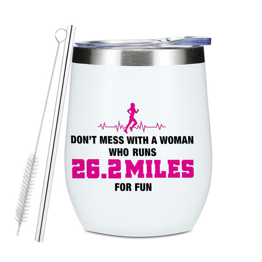Inspirational Marathon Runner Gifts for Women Running Lover Runner Friend Bestie Birthday Christmas Wine Tumbler, 12 oz Tumbler with Lid, Straw Insulated Wine Glass Stainless Steel Travel Coffee Mug,