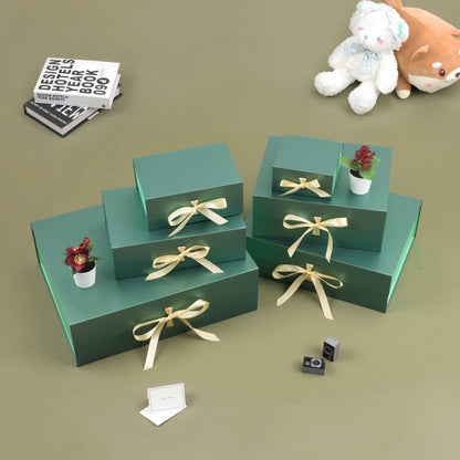 BoxSkivra Green Gift Box with Ribbon 1 Pack 6X6X3 Inch Small Gift Box with Lid Magnetic Closure Rectangle Collapsible Luxury Gift Boxes for Presents 、Shredded Paper Filler & Card