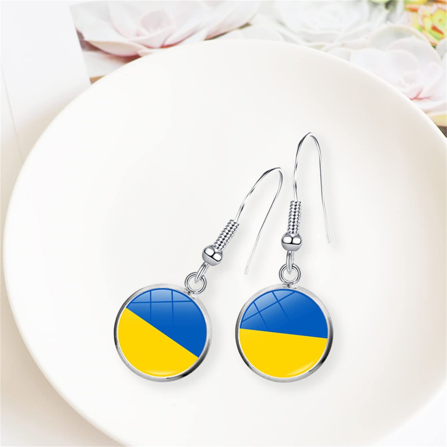 Unique Chic Blue Yellow Crystal Ukrainian Flag Dangle Drop Earrings Round Circle Hook Earrings for Women Statement Jewelry Gifts