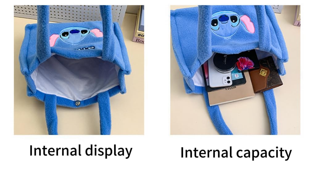 Stitch Plush Tote Bag, for Women Teens Cute Travel Accessories With Zipped Make Up Bag Cosmetics Storage Gifts for Her，Blue, With Shoulder Straps