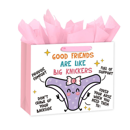 Loveinside 13" Large Funny Friendship Gift Bag, Good Friends Are Like Big Knickers Cute Cartoon Gift Bag with Tissue Paper for Best Friends, Women, Birthday, Galentine's Day, 13" x 5" x 10", 1 Pcs