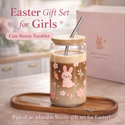 Easter Gifts for Teen Girls, Bunny Gift Basket with Tumbler, Socks, Scrunchie, Bracelet, Sunglasses & Plush Bunny, Cute Pink Gift Box Self Care Gift Set