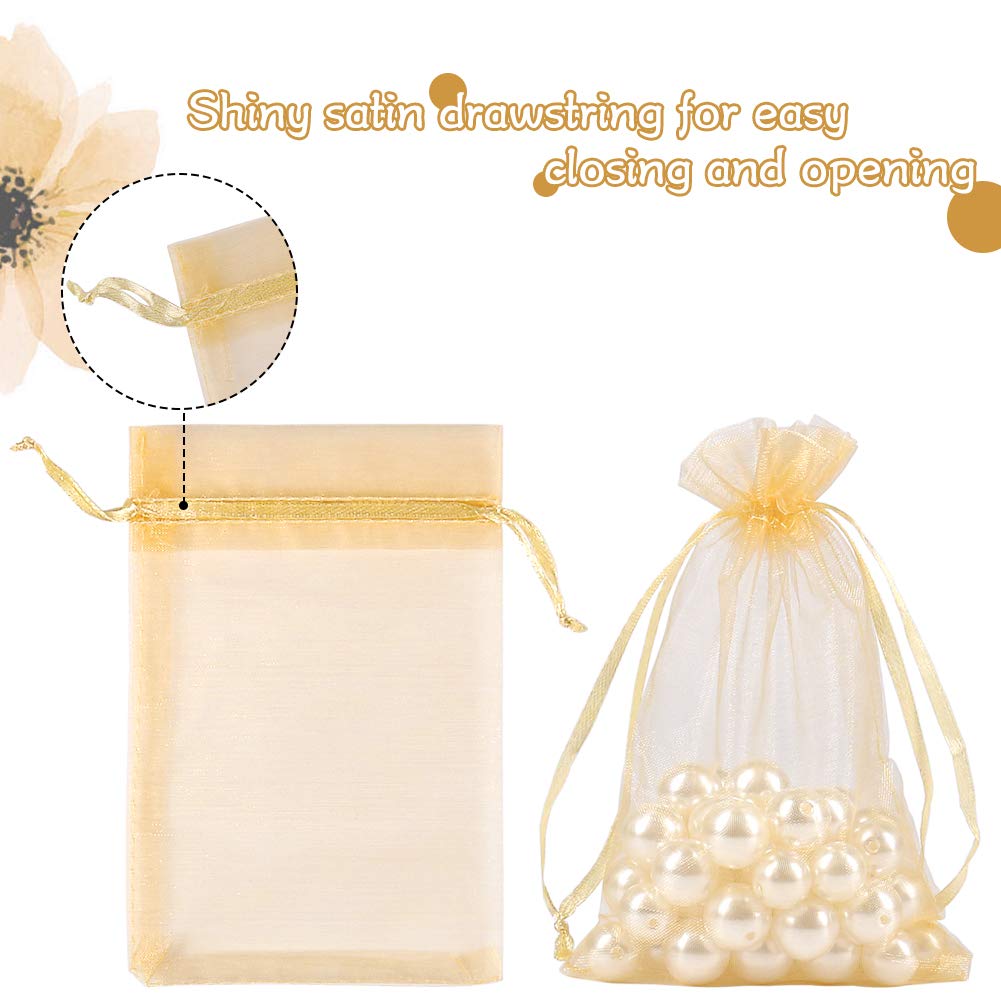 HRX Package 100pcs Gold Organza Gift Bags, 4 x 6 inch Candy Mesh Drawstring Favor Bags Jewelry Pouches for Christmas Wedding Party