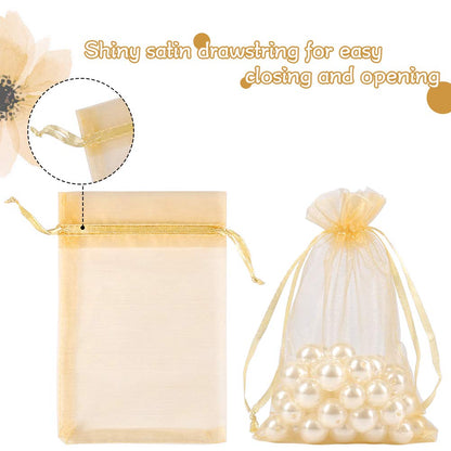 HRX Package 100pcs Gold Organza Gift Bags, 4 x 6 inch Candy Mesh Drawstring Favor Bags Jewelry Pouches for Christmas Wedding Party