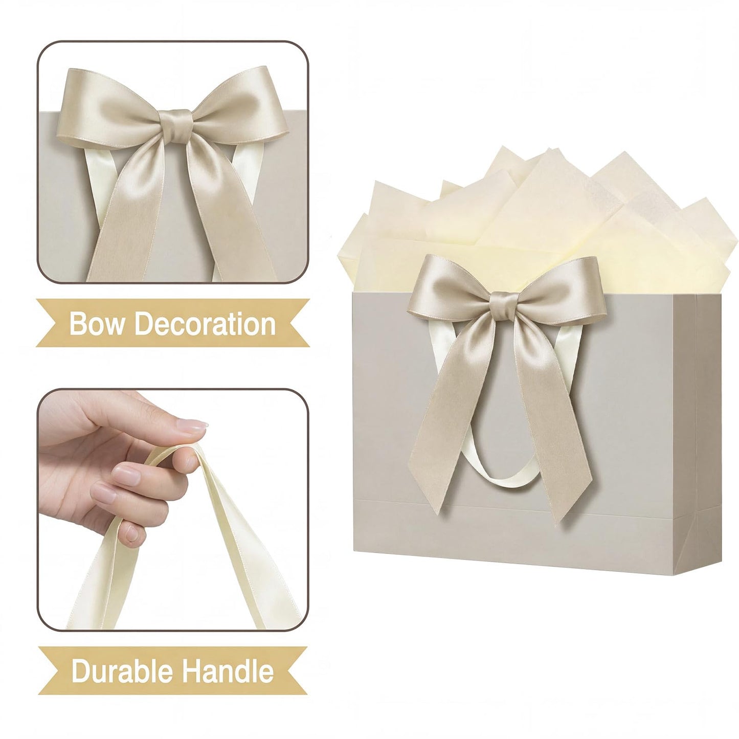 Laidans 13" Gift Bag with Handles and Bow Ribbon, Large Gift Bag with 3 Tissue Paper and 1 Card for Birthdays, Baby Showers, Wedding, Bridal Showers, Mother's Day (Champagne)