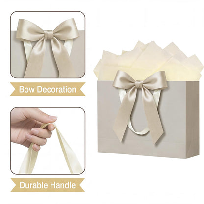 Laidans 13" Gift Bag with Handles and Bow Ribbon, Large Gift Bag with 3 Tissue Paper and 1 Card for Birthdays, Baby Showers, Wedding, Bridal Showers, Mother's Day (Champagne)
