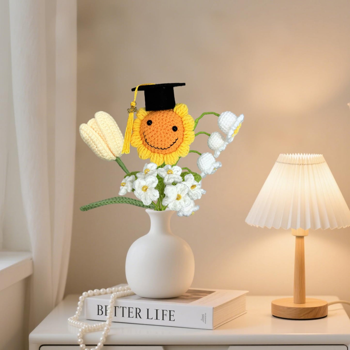 Graduation Gifts Sunflower Crochet Flowers Bouquet with Greeting Cards Handmade Knitted Artificial Flowers Home Decor