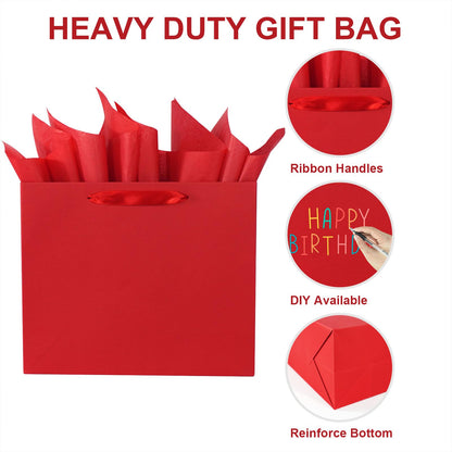 Elegant Red Gift Bag 11.8"x4.5"x9.8" with Ribbon Handles, Includes Card and Tissue Papers, Perfect for Birthdays, Weddings, Parties, Holidays, Baby Shower