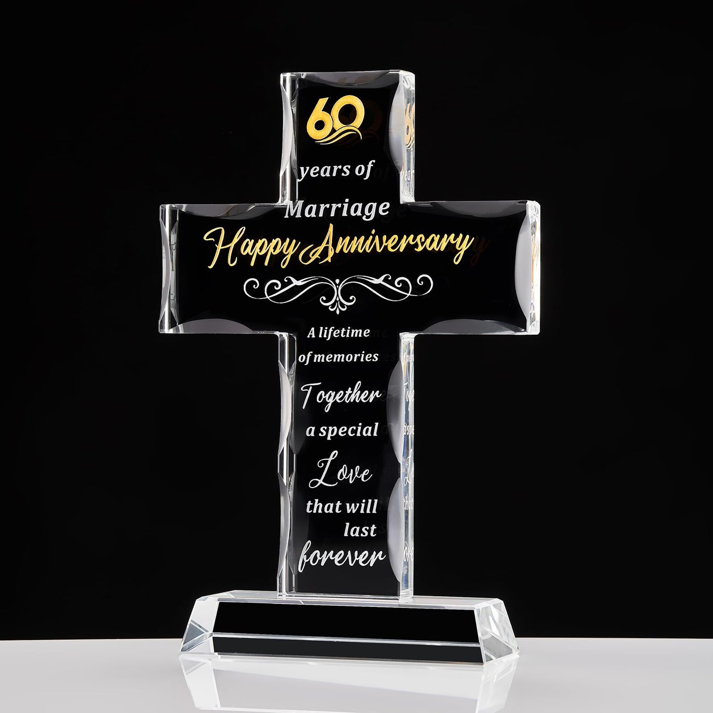 XLSJGYP Happy 60th Wedding Anniversary for Couple Glass Cross Gifts for Wife or Husband 60 years Perfect for her womem Home Decoration (60 years of marriage)