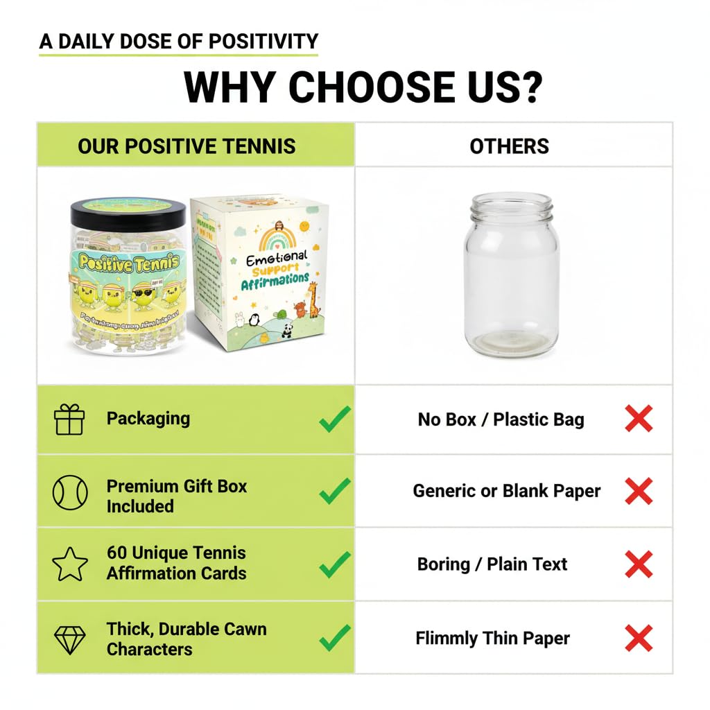 Positive Tennis Jar with 60 Affirmation Cards, Inspirational Tennis Gifts for Women and Men, Fun Motivation Jar for Tennis Lovers, Coach Appreciation Present, Cool Decor for Girls and Sports Fans