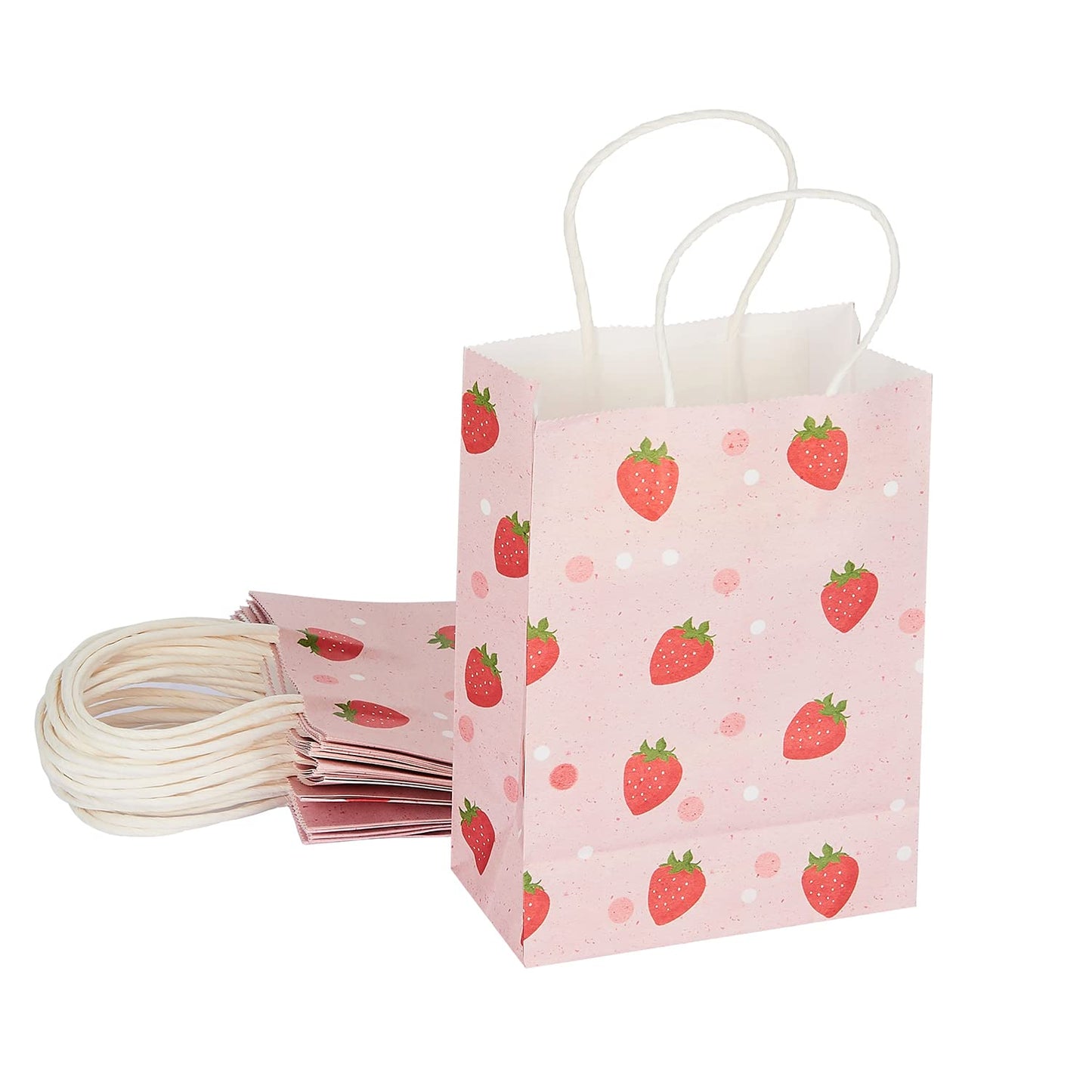 KoberrLi 16Pcs Strawberry Gift Paper Bags with Handles 5.9x8.26x3.15-inch Strawberry Party Favor Paper Bags for Birthday Baby Shower Holiday Gifts (Strawberry)