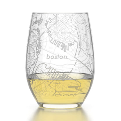 Well Told Engraved Boston Massachusetts Map Stemless Glass (15 oz, Clear) City Map Wine Glass, Custom Gift for Wine Lovers
