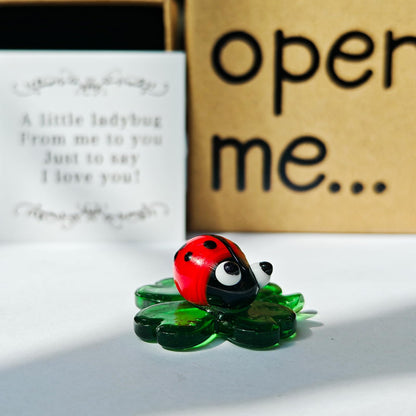 Laozai I Love You Gift, Lucky Charm,Hand-Blown Mini Crystal Ladybug on 4-Leaf Clover Figurine Perfect Good Luck Gift for Him Boyfriend or Girlfriend Valentine's Day Anniversary