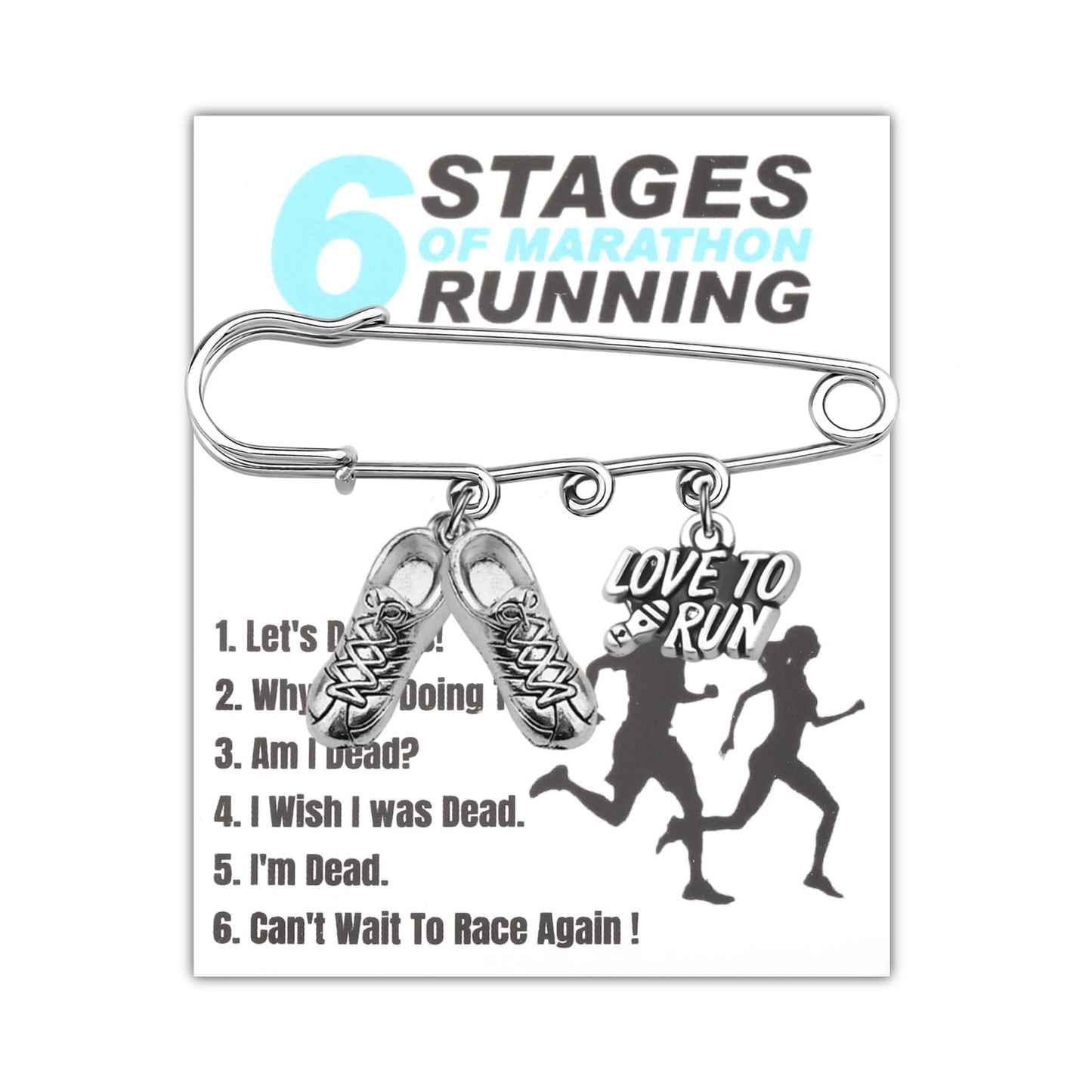 BEKECH Marathon Runner Gift Love To Run Running Shoe Charm Safety Pin Brooch Marathon Cross Country Running Gifts for Runners