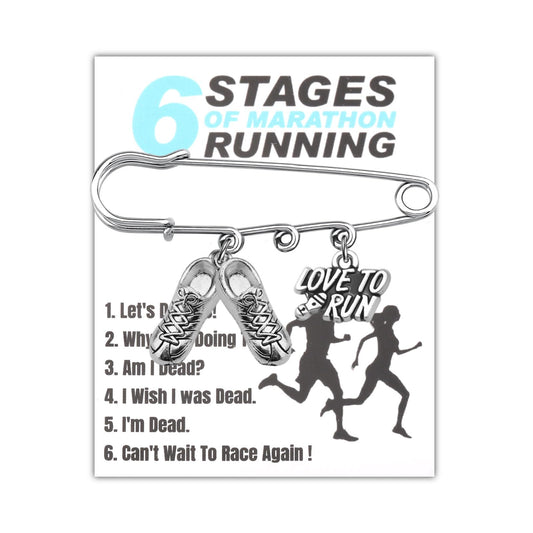 BEKECH Marathon Runner Gift Love To Run Running Shoe Charm Safety Pin Brooch Marathon Cross Country Running Gifts for Runners