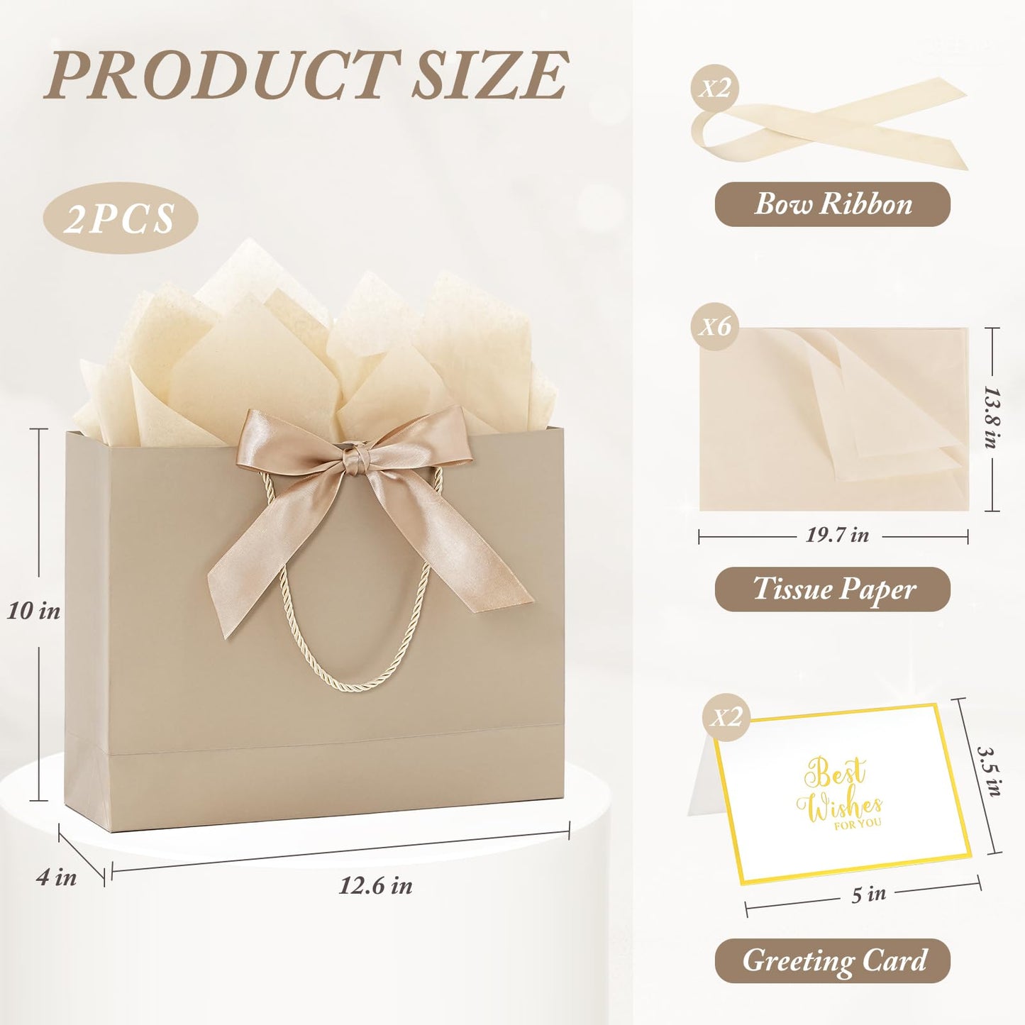 Addblu 2 Pack Large Gift Bags with Handles & Tissue Papers, 12.6×10×4 Inches Thank You Gift Bags with Cards for Mother’s Day, Birthday, Baby Shower, Wedding & Bridesmaids (Champagne Gift Bag, 2 PCS)