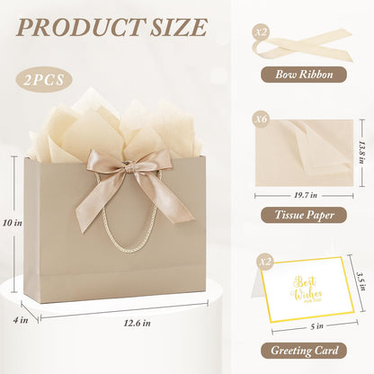 Addblu 2 Pack Large Gift Bags with Handles & Tissue Papers, 12.6×10×4 Inches Thank You Gift Bags with Cards for Mother’s Day, Birthday, Baby Shower, Wedding & Bridesmaids (Champagne Gift Bag, 2 PCS)