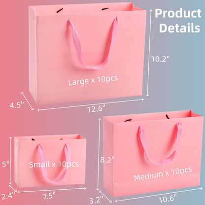 Lyellfe 30 Pack Pink Gift Bags, Heavy Duty Kraft Paper Bag with Handle Bulk, Recycled Water-proof Shopping Bags, Assoorted Merchandise Retail Bags for Birthday, Wedding, Party, S, M, L