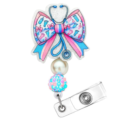 Labor and Delivery Badge Reel Pastel Ribbon Stethoscope Cute Bottle Footprint Nurse ID Name Holder Retractable Clip Medical Work Accessories Gifts for Maternity NICU OB Pediatric Postpartum Midwife
