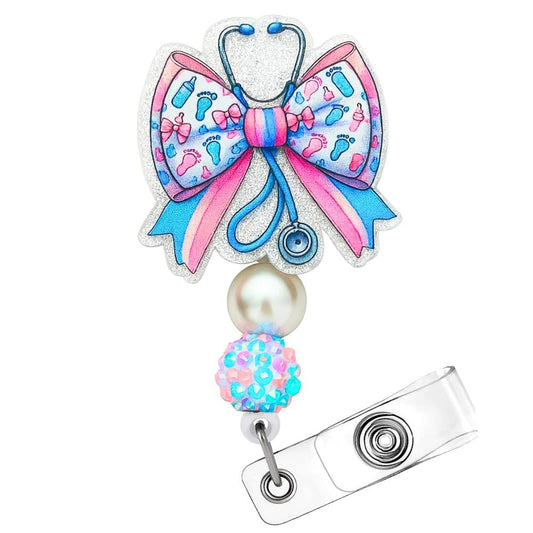 Labor and Delivery Badge Reel Pastel Ribbon Stethoscope Cute Bottle Footprint Nurse ID Name Holder Retractable Clip Medical Work Accessories Gifts for Maternity NICU OB Pediatric Postpartum Midwife