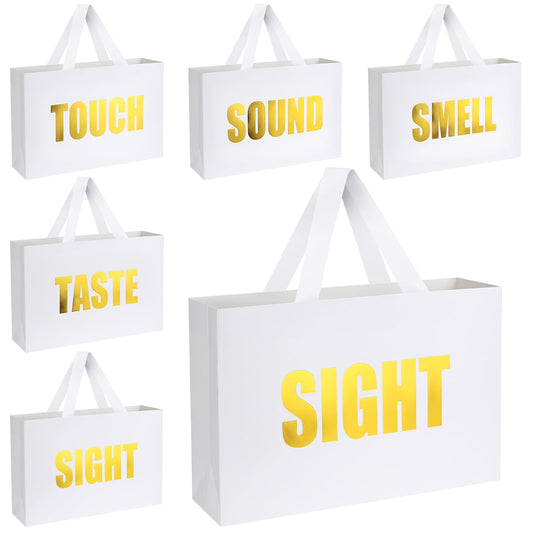 Xloey Five Senses Gift Bags for Her,12.6" Mother's Day Gift Bag with Ribbon Handles,5 Senses White Paper Bags with Word,for Valentine's Day, Birthday,Wedding,Party