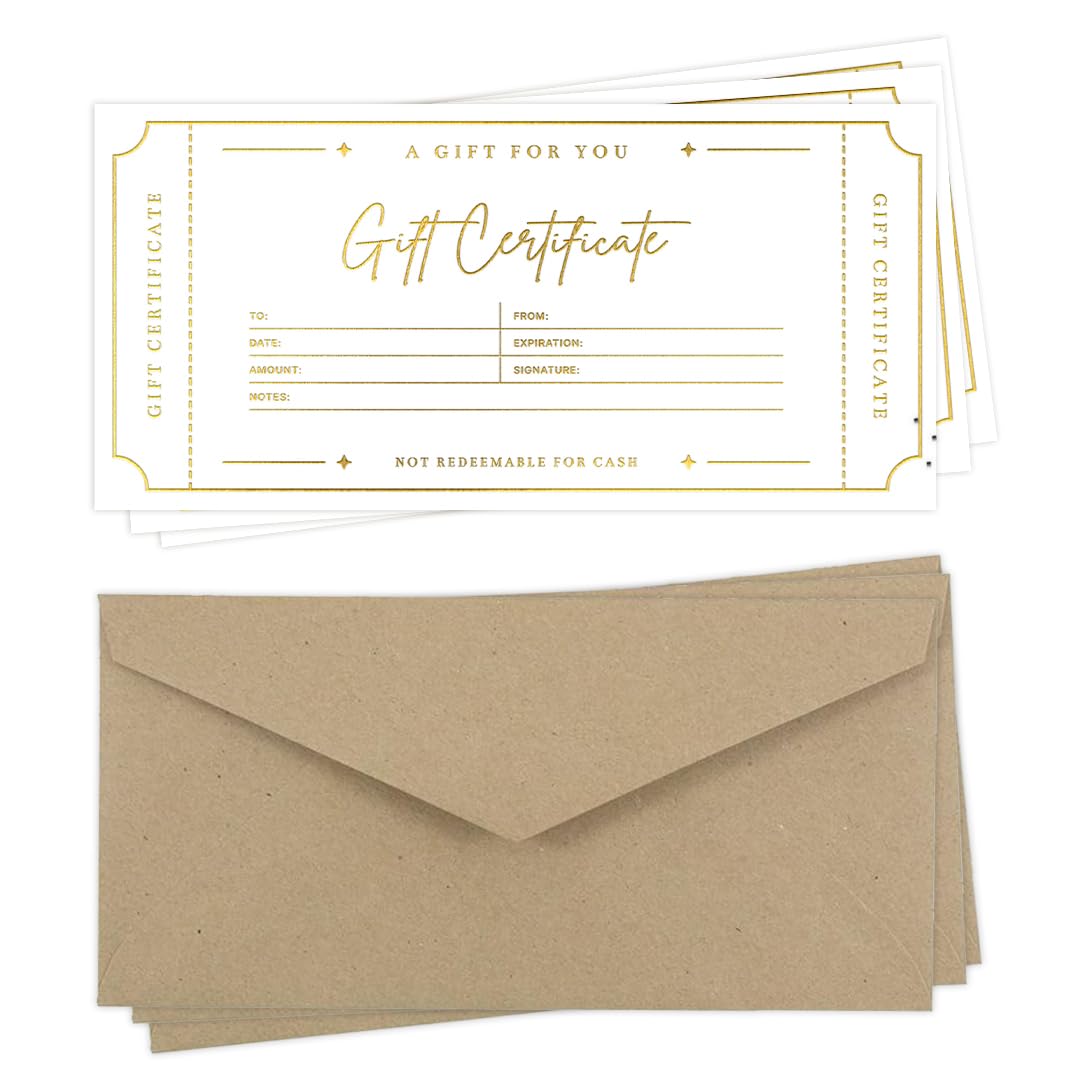 Blank Gift Certificates with Envelopes, 3.5" x 7.25" Blank Gift Certificates for Business, Christmas Gifts, Salon, Spa, Birthday, Mother’s Day or Holiday Gifting, 25 Custom Cards (Gold)