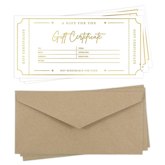 Blank Gift Certificates with Envelopes, 3.5" x 7.25" Blank Gift Certificates for Business, Christmas Gifts, Salon, Spa, Birthday, Mother’s Day or Holiday Gifting, 25 Custom Cards (Gold)