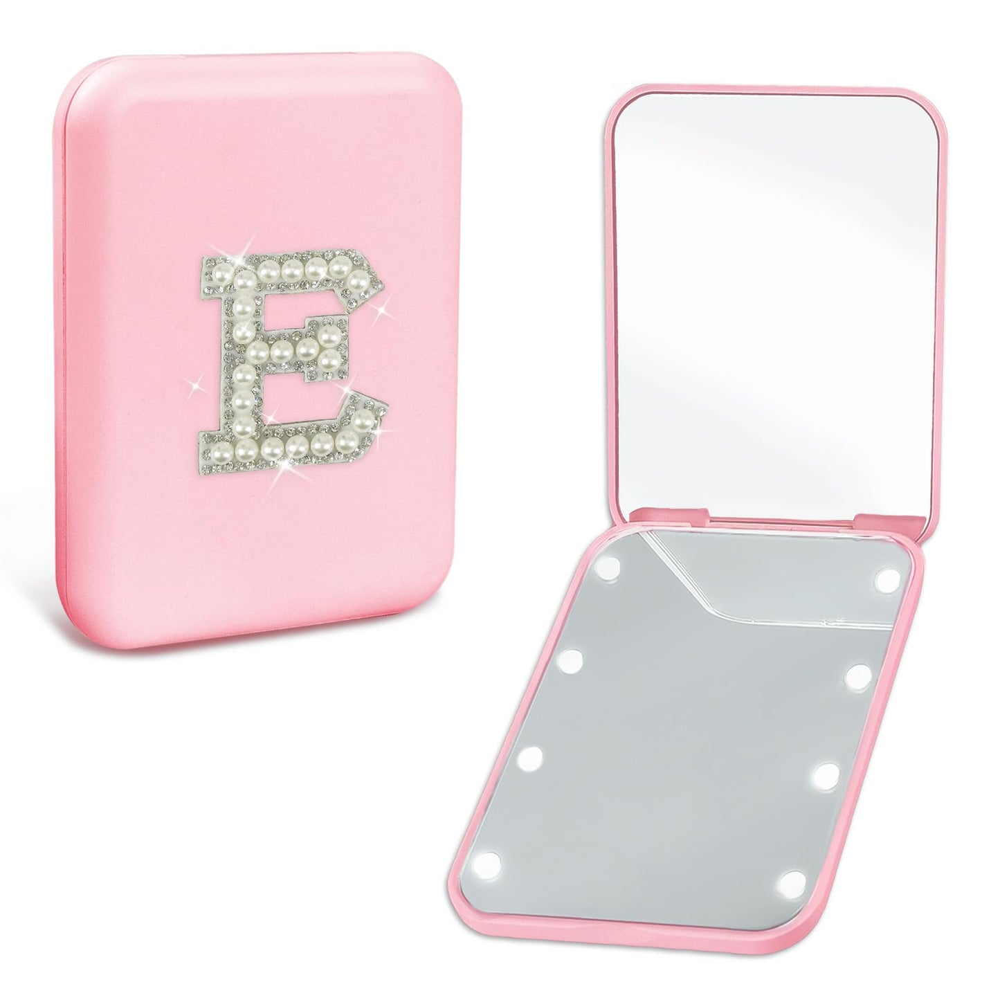 Preppy Birthday Gifts for 6 7 8 9 10 11 12 13 Year Old Girls, Cute Pearl Initial Compact Mirror with Lights Pink Small LED Pocket Makeup Mirror Teen Girls Trendy Stuff Travel Essentials (E)