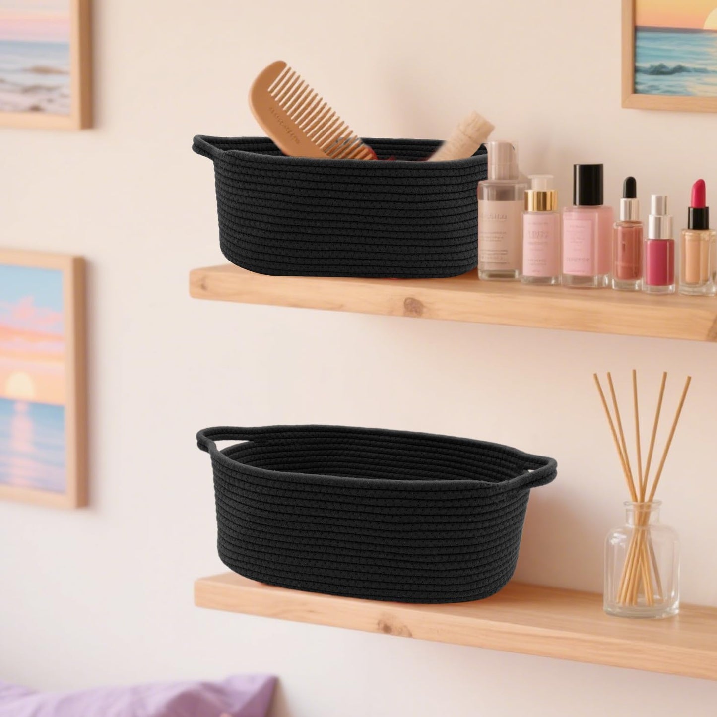 Woven Basket with Gift Bags and Ribbons, 14"X 10" X 6" Gift Storage Organizer Bin Shelf Shelves Cotton Rope Basket for Nursery, Pet Toys (Black)