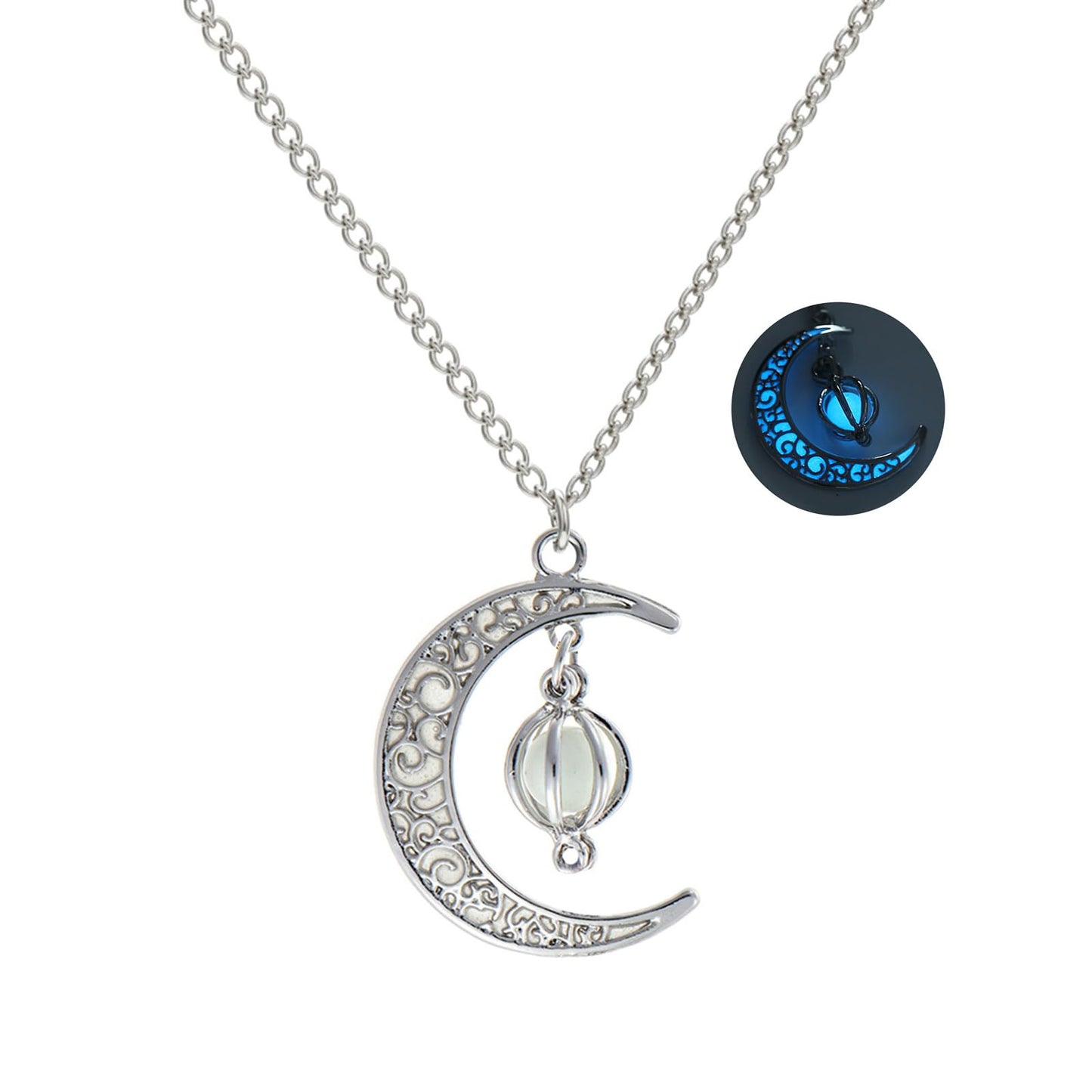 EEQQBZ Glow in The Dark Silver Crescent Moon and Orb Necklace - Glowing Blue Moon Charm - Magical Fantasy Fairy Glowing Necklace - Glow Jewelry (sky blue)