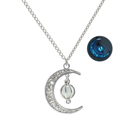 EEQQBZ Glow in The Dark Silver Crescent Moon and Orb Necklace - Glowing Blue Moon Charm - Magical Fantasy Fairy Glowing Necklace - Glow Jewelry (sky blue)