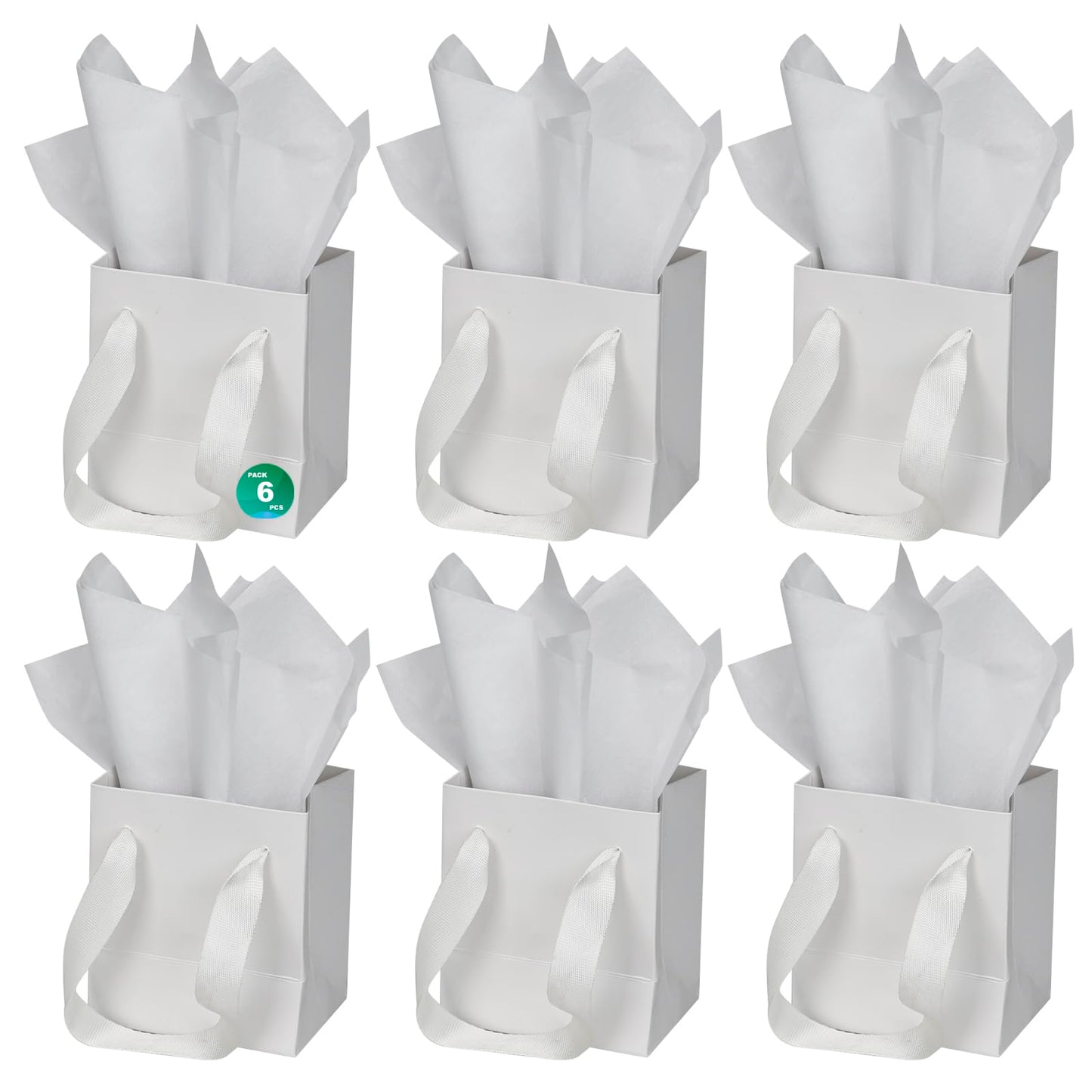 Papertide 6 Pack Small White Gift Bags 4x2.8x4.5 inch with Tissue Paper, Reusable Mini Gift Bags for Jewelry, Candles, Cosmetics, Birthday, Party Favors, Thank You Gifts