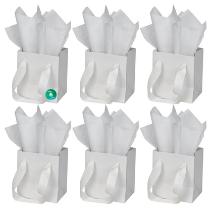 Papertide 6 Pack Small White Gift Bags 4x2.8x4.5 inch with Tissue Paper, Reusable Mini Gift Bags for Jewelry, Candles, Cosmetics, Birthday, Party Favors, Thank You Gifts