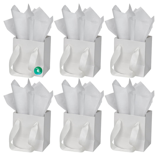 Papertide 6 Pack Small White Gift Bags 4x2.8x4.5 inch with Tissue Paper, Reusable Mini Gift Bags for Jewelry, Candles, Cosmetics, Birthday, Party Favors, Thank You Gifts