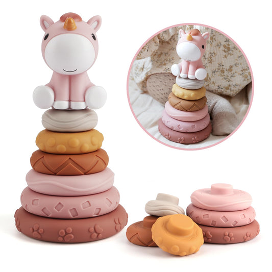 Nueplay Stacking Rings Toy for Baby Girls with Unicorn Topper – 6 Textured Sensory Rings, Squeaky Stacker Set in Pastel Colors, Gifts for 1 Year Old Girls, Baby Shower & Birthday Present