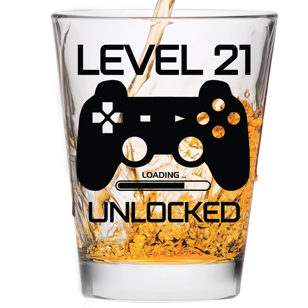 Make Em Laugh Level 21 Unlocked Shot Glass – Funny 21st Birthday Shot Glass for Him or Her – Celebrate Turning Twenty-One with Party Supplies and Drinking Gifts for Men and Women