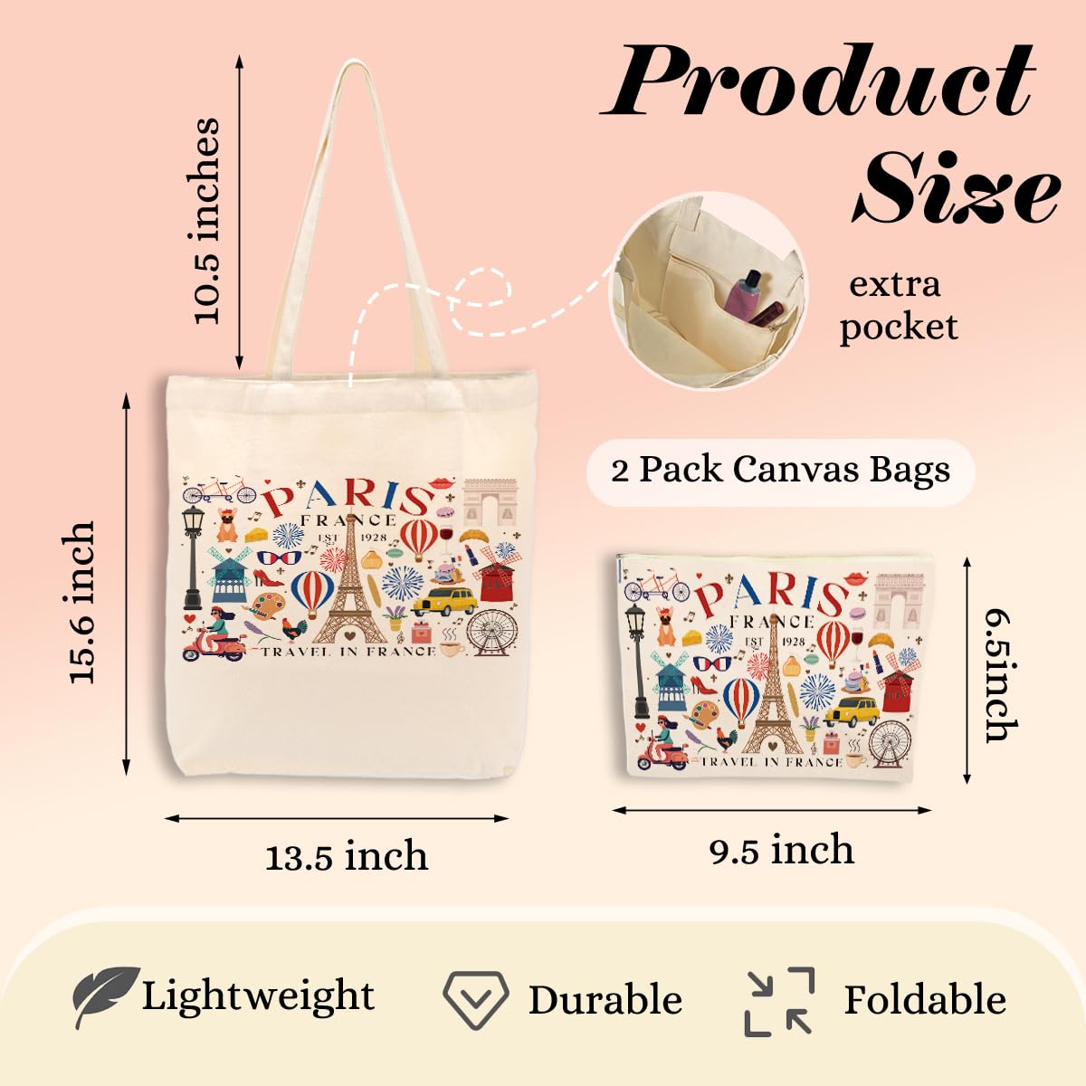 Paris Airplane Travel Gifts Cosmetic Makeup Bag Beach Canvas Tote Bag for Women Girls Christmas Birthday
