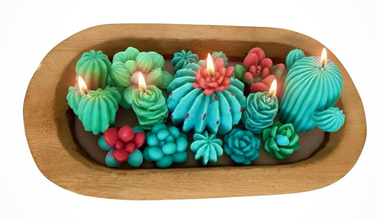 Five-Wick Handmade Scented Succulent & Cactus Candle Dough Bowl – Rustic Soy Wax Centerpiece, Unique Home Décor Gift for Her, Him, Mom, Mother's Day, Housewarming, Birthday, Christmas, Eco Friendly