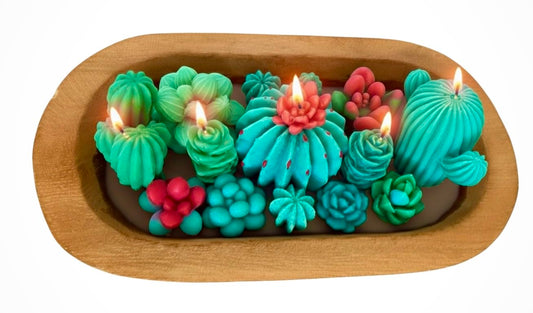 Five-Wick Handmade Scented Succulent & Cactus Candle Dough Bowl – Rustic Soy Wax Centerpiece, Unique Home Décor Gift for Her, Him, Mom, Mother's Day, Housewarming, Birthday, Christmas, Eco Friendly