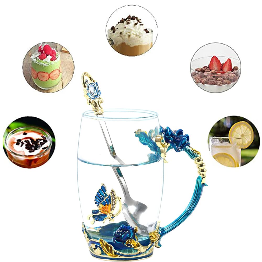 Birthday Gifts For Women,Butterfly Flower Glass Tea Cup Sky Blue Rose Coffee Mug Gift For Women Mom Wife Sister Coworker Female Friend on Christmas Anniversary Valentines Mothers Day Presents