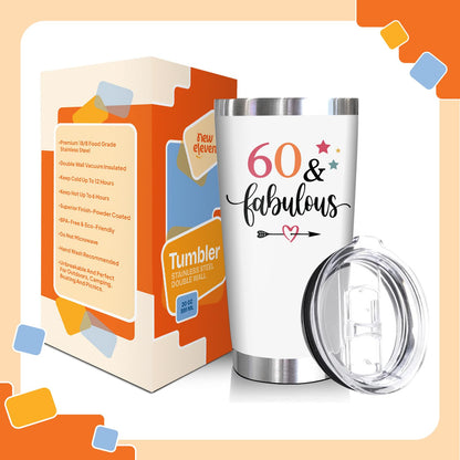 NewEleven 60th Birthday Gifts For Women - 60th Birthday Decorations For Woman, Her - Fabulous 60 Year Old Gifts For Women, Mom, Wife - 20 Oz Tumbler