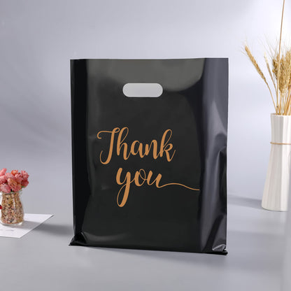 MUKOSEL Thank You Bags with Handles for Business 100 Pack 12x15 Inch Extra Thick 2.36 Mil Reusable Plastic Shopping Bags Merchandise Packaging for Small Business Retail Boutique Gifts Stores(Black)