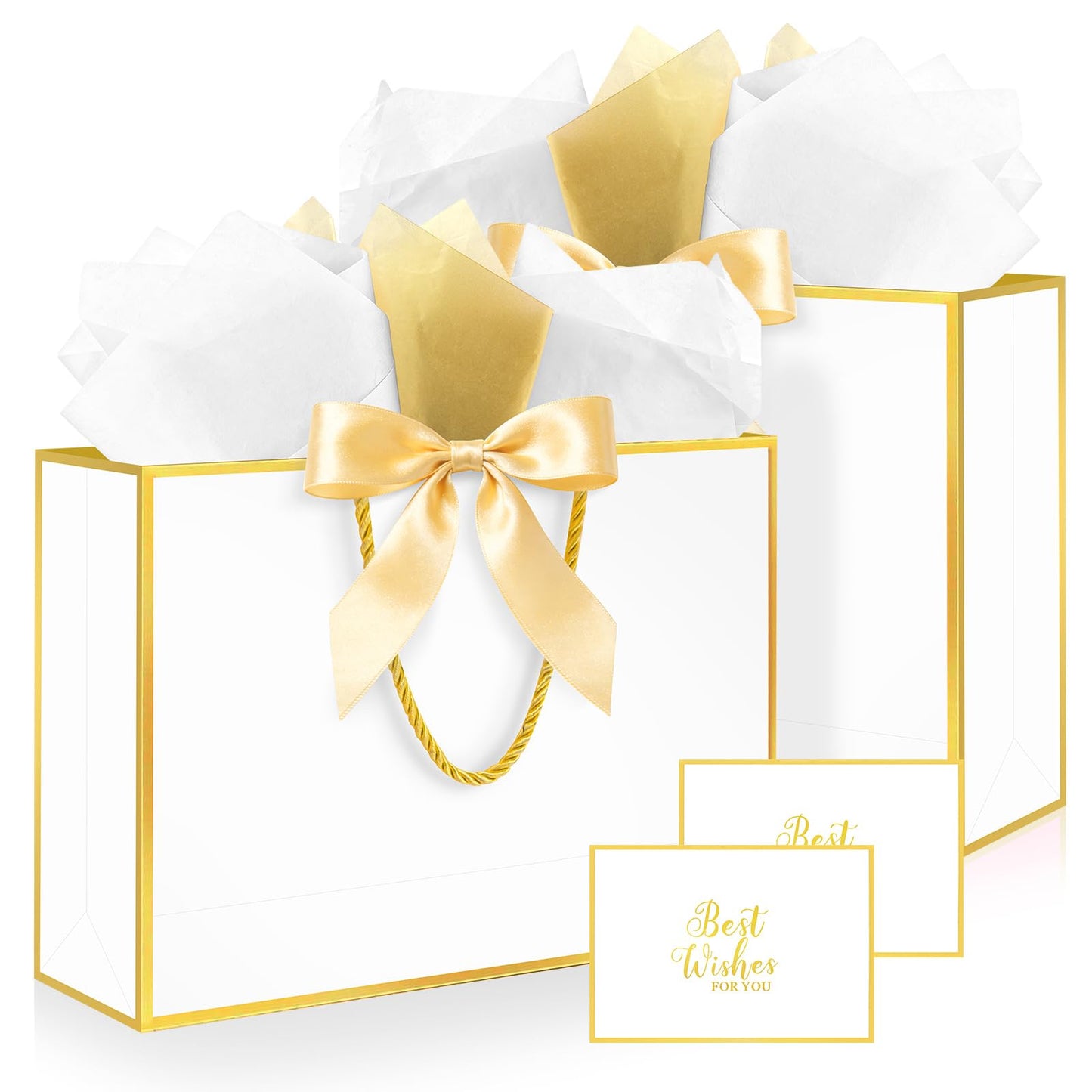 Ethhqu Fancy Large Gift Bags with Handles, 2 Pack 12.6x10x4 Inches - Includes Tissue Paper & Cards for Birthday, Baby Shower, Wedding, Anniversary, Easter, Mother's Day & Holiday Gifts (White and Gold)