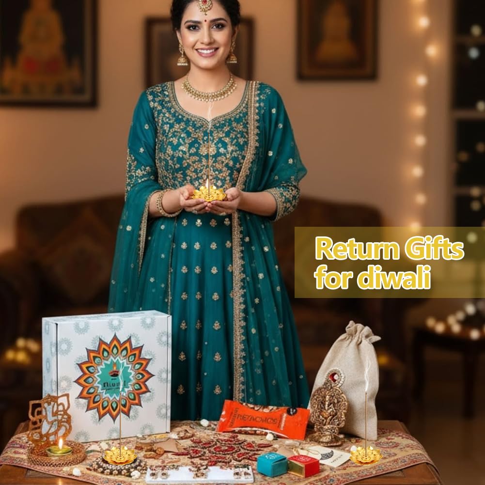 72 Pack Diwali Gifts Bulk, Lotus Incense Holder, Indian Return Gifts for Pooja Bulk, Gold Lotus Incense Sticks Holder with Organza Bags & Thank You Cards, Indian Return Gift (72 Pack)
