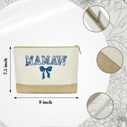 Mamaw Bag, Mamaw Gifts, Gifts for Mom Grandma, Birthday Christmas Retirement Appreciation Gift for Women Mom Grandma Nana Gigi Mimi, Reusable Blue Bow Floral Tote Bags and Makeup Bags With Zipper