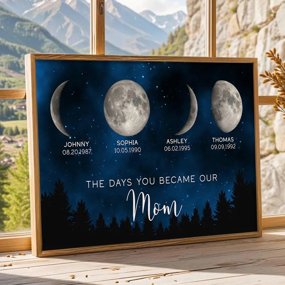 NAZENTI Night The Days You Became Our Mom Birthday Moon Phase Personalized Poster, A Heartfelt Gift for Mom’s Birthday, Mother’s Day Canvas, Moon Phase Mothers Day Gift
