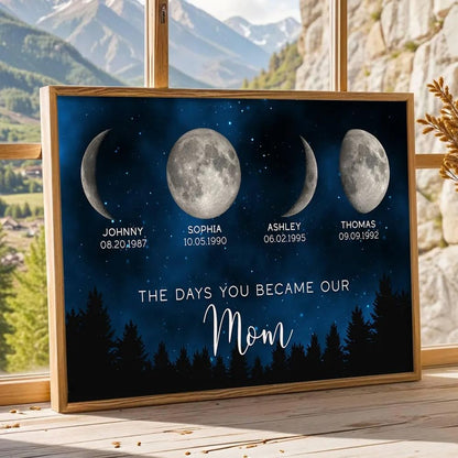 NAZENTI Night The Days You Became Our Mom Birthday Moon Phase Personalized Poster, A Heartfelt Gift for Mom’s Birthday, Mother’s Day Canvas, Moon Phase Mothers Day Gift